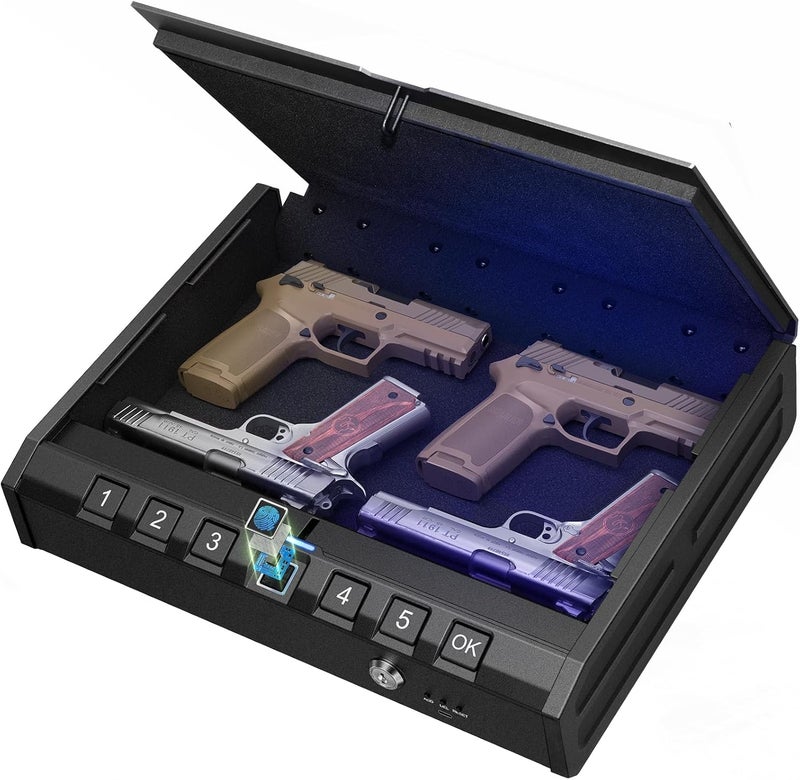 ONNAIS Large Biometric Gun Safe - Fingerprint Pistol Safes with Internal Light, Three Unlock Methods, and Emergency Power Supply, Gun Lock Box for Home, Nightstand, Bedside, and Car Use - Image 1